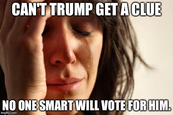 First World Problems | CAN'T TRUMP GET A CLUE; NO ONE SMART WILL VOTE FOR HIM. | image tagged in memes,first world problems | made w/ Imgflip meme maker