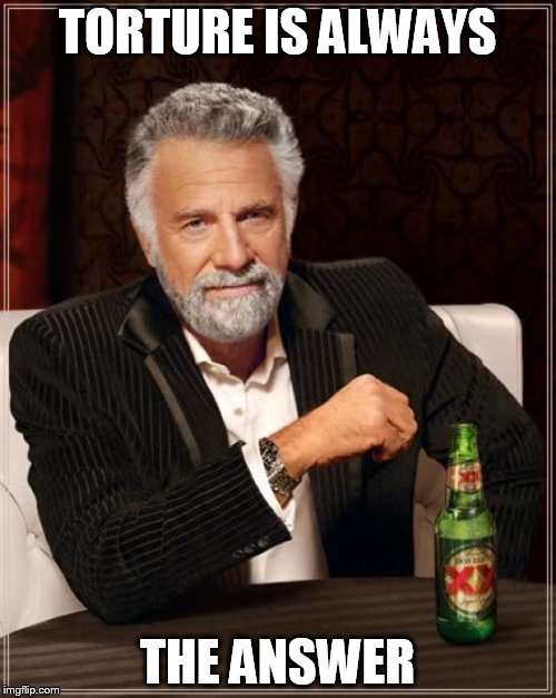 TORTURE IS ALWAYS THE ANSWER | image tagged in memes,the most interesting man in the world | made w/ Imgflip meme maker