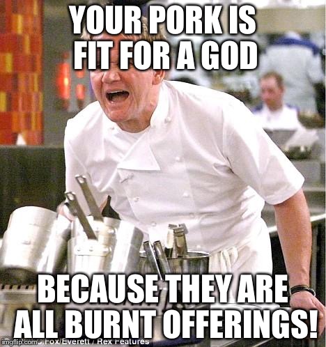Chef Gordon Ramsay | YOUR PORK IS FIT FOR A GOD; BECAUSE THEY ARE ALL BURNT OFFERINGS! | image tagged in memes,chef gordon ramsay | made w/ Imgflip meme maker