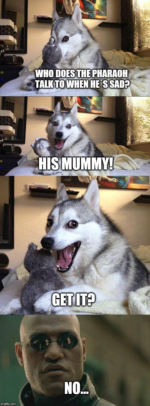 Good joke gone "Bad" | WHO DOES THE PHARAOH TALK TO WHEN HE´S SAD? HIS MUMMY! GET IT? NO... | image tagged in bad pun dog,matrix morpheus,memes,mummy,funny memes,funny | made w/ Imgflip meme maker