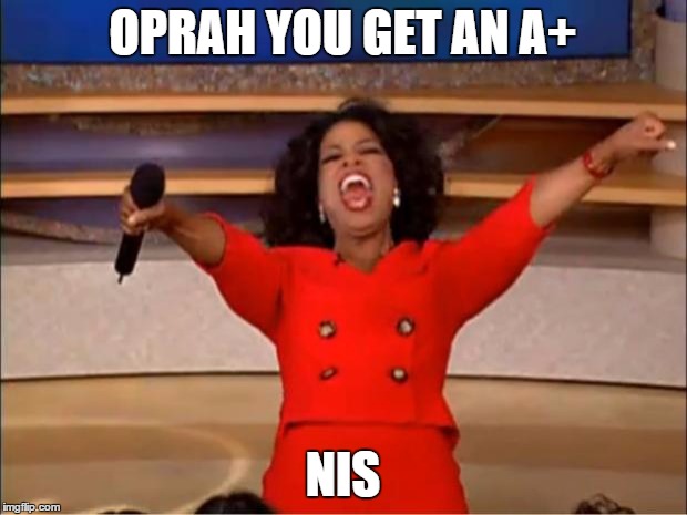 Oprah You Get A | OPRAH YOU GET AN A+; NIS | image tagged in memes,oprah you get a | made w/ Imgflip meme maker