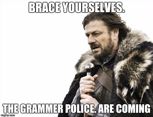 Brace Yourselves X is Coming | BRACE YOURSELVES. THE GRAMMER POLICE. ARE COMING | image tagged in memes,brace yourselves x is coming | made w/ Imgflip meme maker