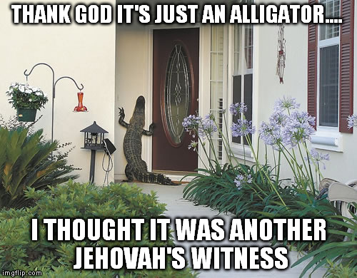living in florida | THANK GOD IT'S JUST AN ALLIGATOR.... I THOUGHT IT WAS ANOTHER JEHOVAH'S WITNESS | image tagged in alligator | made w/ Imgflip meme maker