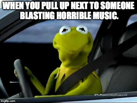Kermit Car | WHEN YOU PULL UP NEXT TO SOMEONE BLASTING HORRIBLE MUSIC. | image tagged in kermit car | made w/ Imgflip meme maker