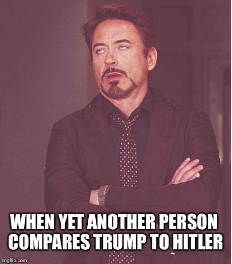 I think I counted nein just this morning alone | WHEN YET ANOTHER PERSON COMPARES TRUMP TO HITLER | image tagged in memes,face you make robert downey jr,trump 2016,hitler | made w/ Imgflip meme maker