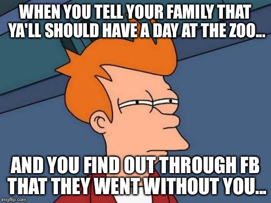 Futurama Fry Meme | WHEN YOU TELL YOUR FAMILY THAT YA'LL SHOULD HAVE A DAY AT THE ZOO... AND YOU FIND OUT THROUGH FB THAT THEY WENT WITHOUT YOU... | image tagged in memes,futurama fry | made w/ Imgflip meme maker