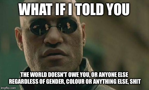 Matrix Morpheus | WHAT IF I TOLD YOU; THE WORLD DOESN'T OWE YOU, OR ANYONE ELSE REGARDLESS OF GENDER, COLOUR OR ANYTHING ELSE, SHIT | image tagged in memes,matrix morpheus | made w/ Imgflip meme maker