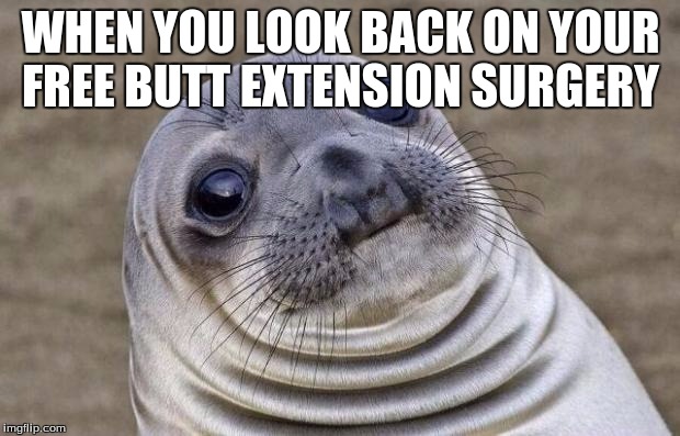 Awkward Moment Sealion Meme | WHEN YOU LOOK BACK ON YOUR FREE BUTT EXTENSION SURGERY | image tagged in memes,awkward moment sealion | made w/ Imgflip meme maker