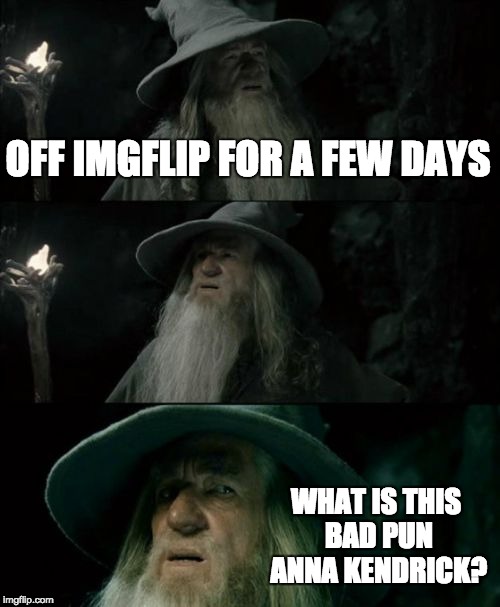 Confused Gandalf Meme | OFF IMGFLIP FOR A FEW DAYS; WHAT IS THIS BAD PUN ANNA KENDRICK? | image tagged in memes,confused gandalf | made w/ Imgflip meme maker