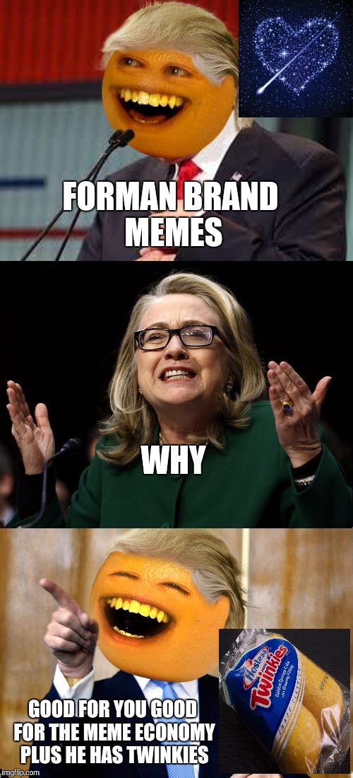 Orange Trump endorsements | FORMAN BRAND MEMES; WHY; GOOD FOR YOU GOOD FOR THE MEME ECONOMY PLUS HE HAS TWINKIES | image tagged in annoying trump,orange,memes,funny,hilary clinton idk | made w/ Imgflip meme maker