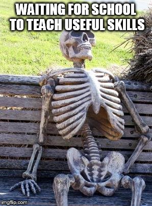 Waiting Skeleton | WAITING FOR SCHOOL TO TEACH USEFUL SKILLS | image tagged in memes,waiting skeleton | made w/ Imgflip meme maker