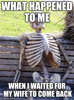 Waiting Skeleton | WHAT HAPPENED TO ME; WHEN I WAITED FOR MY WIFE TO COME BACK | image tagged in memes,waiting skeleton | made w/ Imgflip meme maker