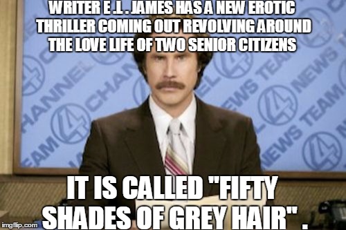 Ron Burgundy | WRITER E .L . JAMES HAS A NEW EROTIC THRILLER COMING OUT REVOLVING AROUND THE LOVE LIFE OF TWO SENIOR CITIZENS; IT IS CALLED "FIFTY SHADES OF GREY HAIR"
. | image tagged in memes,ron burgundy | made w/ Imgflip meme maker