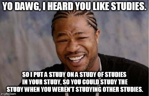 Yo Dawg Heard You Meme | YO DAWG, I HEARD YOU LIKE STUDIES. SO I PUT A STUDY ON A STUDY OF STUDIES IN YOUR STUDY, SO YOU COULD STUDY THE STUDY WHEN YOU WEREN'T STUDY | image tagged in memes,yo dawg heard you | made w/ Imgflip meme maker