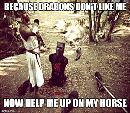 BECAUSE DRAGONS DON'T LIKE ME NOW HELP ME UP ON MY HORSE | made w/ Imgflip meme maker