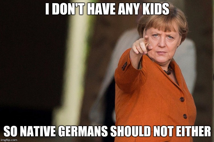 mean merkel | I DON'T HAVE ANY KIDS; SO NATIVE GERMANS SHOULD NOT EITHER | image tagged in mean merkel | made w/ Imgflip meme maker