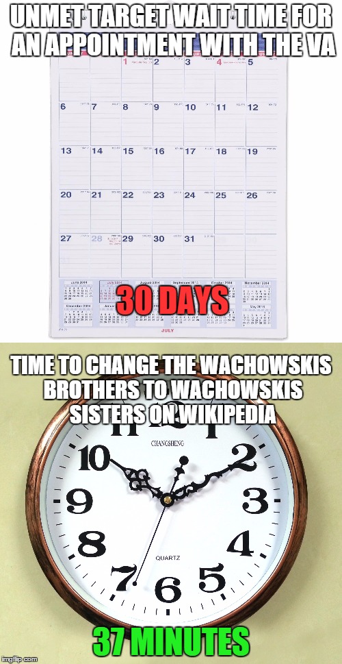 Because social priorities | UNMET TARGET WAIT TIME FOR AN APPOINTMENT WITH THE VA; 30 DAYS; TIME TO CHANGE THE WACHOWSKIS BROTHERS TO WACHOWSKIS SISTERS ON WIKIPEDIA; 37 MINUTES | image tagged in memes,funny,not funny,va,time | made w/ Imgflip meme maker
