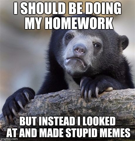 Confession Bear | I SHOULD BE DOING MY HOMEWORK; BUT INSTEAD I LOOKED AT AND MADE STUPID MEMES | image tagged in memes,confession bear | made w/ Imgflip meme maker