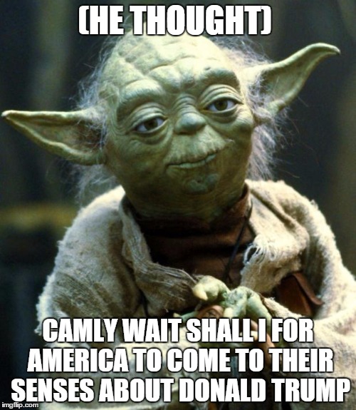 You thought Yoda | (HE THOUGHT); CAMLY WAIT SHALL I FOR AMERICA TO COME TO THEIR SENSES ABOUT DONALD TRUMP | image tagged in memes,star wars yoda,donald trump,trump for president,star wars,but thats none of my business | made w/ Imgflip meme maker
