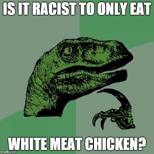 Philosoraptor | IS IT RACIST TO ONLY EAT; WHITE MEAT CHICKEN? | image tagged in memes,philosoraptor | made w/ Imgflip meme maker