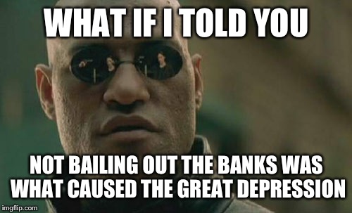 Matrix Morpheus Meme | WHAT IF I TOLD YOU NOT BAILING OUT THE BANKS WAS WHAT CAUSED THE GREAT DEPRESSION | image tagged in memes,matrix morpheus | made w/ Imgflip meme maker