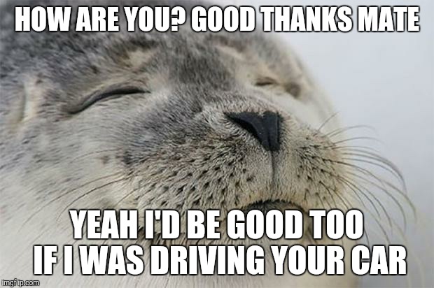Satisfied Seal Meme | HOW ARE YOU? GOOD THANKS MATE; YEAH I'D BE GOOD TOO IF I WAS DRIVING YOUR CAR | image tagged in memes,satisfied seal | made w/ Imgflip meme maker