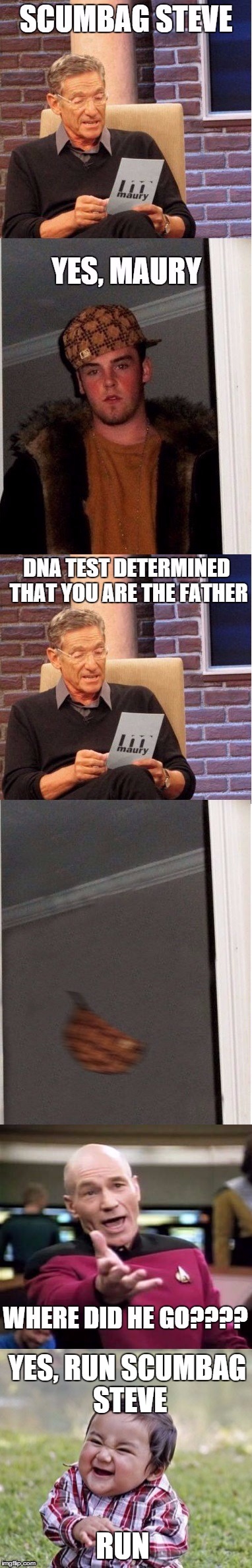 Scumbag Steve on the Maury Show |  YES, RUN SCUMBAG STEVE; RUN | image tagged in funny | made w/ Imgflip meme maker