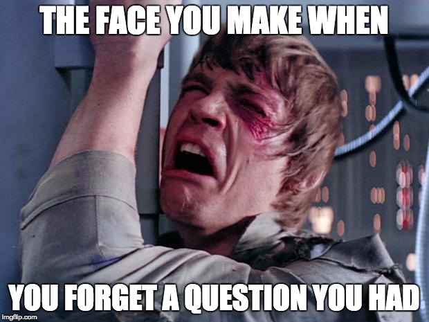 The Face You Make | THE FACE YOU MAKE WHEN; YOU FORGET A QUESTION YOU HAD | image tagged in luke nooooo | made w/ Imgflip meme maker