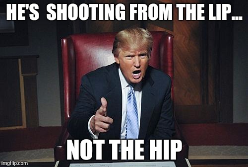 Donald Trump You're Fired | HE'S  SHOOTING FROM THE LIP... NOT THE HIP | image tagged in donald trump you're fired | made w/ Imgflip meme maker