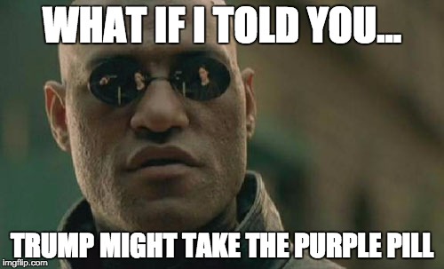 And i'm not complaining! | WHAT IF I TOLD YOU... TRUMP MIGHT TAKE THE PURPLE PILL | image tagged in memes,matrix morpheus,donald trump,purple,pill | made w/ Imgflip meme maker