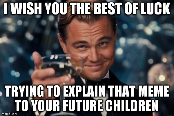 Leonardo Dicaprio Cheers Meme | I WISH YOU THE BEST OF LUCK TRYING TO EXPLAIN THAT MEME TO YOUR FUTURE CHILDREN | image tagged in memes,leonardo dicaprio cheers | made w/ Imgflip meme maker