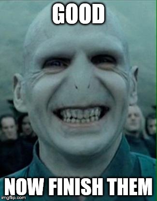 GOOD NOW FINISH THEM | image tagged in voldemort knows no nose | made w/ Imgflip meme maker