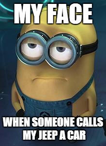 Minion | MY FACE; WHEN SOMEONE CALLS MY JEEP A CAR | image tagged in minion | made w/ Imgflip meme maker