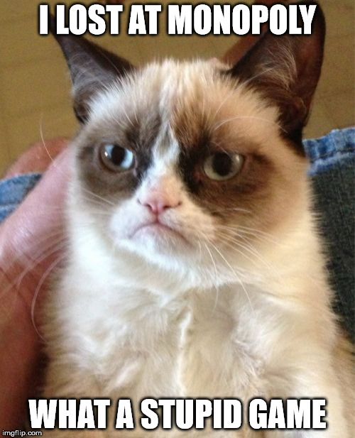 Grumpy Cat | I LOST AT MONOPOLY; WHAT A STUPID GAME | image tagged in memes,grumpy cat | made w/ Imgflip meme maker