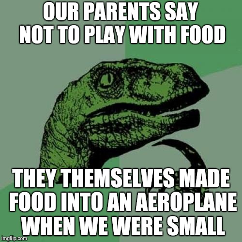 Philosoraptor | OUR PARENTS SAY NOT TO PLAY WITH FOOD; THEY THEMSELVES MADE FOOD INTO AN AEROPLANE WHEN WE WERE SMALL | image tagged in memes,philosoraptor | made w/ Imgflip meme maker