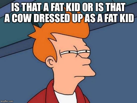 Futurama Fry | IS THAT A FAT KID OR IS THAT A COW DRESSED
UP AS A FAT KID | image tagged in memes,futurama fry | made w/ Imgflip meme maker