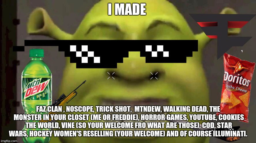 SHREKT | I MADE; FAZ CLAN , NOSCOPE, TRICK SHOT,  MTNDEW, WALKING DEAD, THE MONSTER IN YOUR CLOSET (ME OR FREDDIE), HORROR GAMES, YOUTUBE, COOKIES THE WORLD, VINE (SO YOUR WELCOME FRO WHAT ARE THOSE), COD, STAR WARS, HOCKEY WOMEN'S RESELLING (YOUR WELCOME) AND OF COURSE ILLUMINATI. | image tagged in shrekt | made w/ Imgflip meme maker