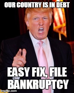 Donald Trump | OUR COUNTRY IS IN DEBT; EASY FIX, FILE BANKRUPTCY | image tagged in donald trump | made w/ Imgflip meme maker