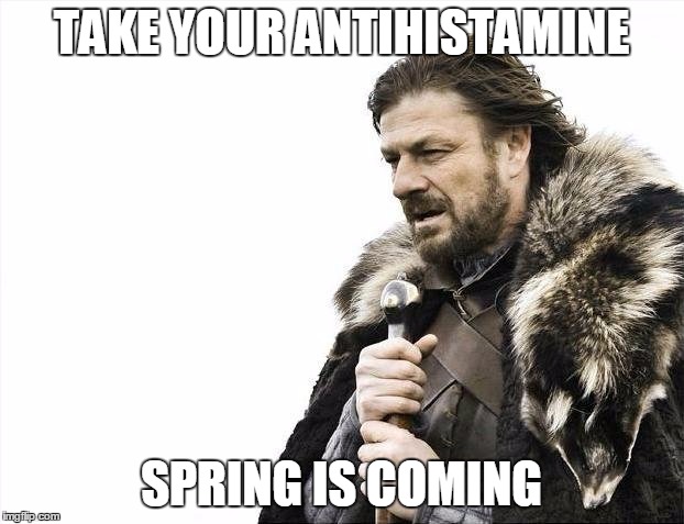 Brace Yourselves X is Coming | TAKE YOUR ANTIHISTAMINE; SPRING IS COMING | image tagged in memes,brace yourselves x is coming,allergies,allergy,spring,antihistamine | made w/ Imgflip meme maker