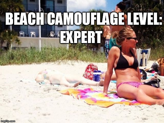 So THAT'S how ninjas sunbathe! | BEACH CAMOUFLAGE LEVEL:; EXPERT | image tagged in irish girl on beach,beach,ninja,bikini | made w/ Imgflip meme maker