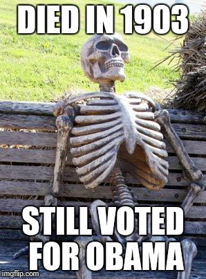 Waiting Skeleton Meme | DIED IN 1903 STILL VOTED FOR OBAMA | image tagged in memes,waiting skeleton | made w/ Imgflip meme maker