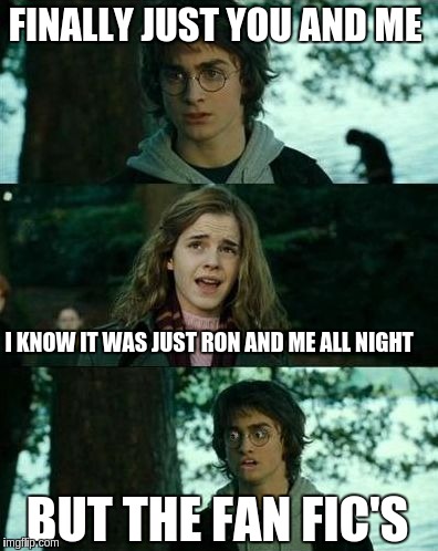 Harry got punked | FINALLY JUST YOU AND ME; I KNOW IT WAS JUST RON AND ME ALL NIGHT; BUT THE FAN FIC'S | image tagged in harry got punked | made w/ Imgflip meme maker