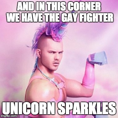 Unicorn MAN | AND IN THIS CORNER WE HAVE THE GAY FIGHTER; UNICORN SPARKLES | image tagged in memes,unicorn man | made w/ Imgflip meme maker