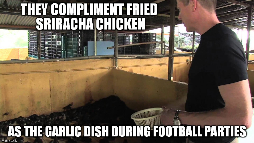 It takes an army to feed my friends and I. | THEY COMPLIMENT FRIED SRIRACHA CHICKEN; AS THE GARLIC DISH DURING FOOTBALL PARTIES | image tagged in frog army,memes | made w/ Imgflip meme maker