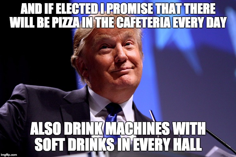 Class Prez 4eva | AND IF ELECTED I PROMISE THAT THERE WILL BE PIZZA IN THE CAFETERIA EVERY DAY; ALSO DRINK MACHINES WITH SOFT DRINKS IN EVERY HALL | image tagged in trump 2016,immature high schooler | made w/ Imgflip meme maker