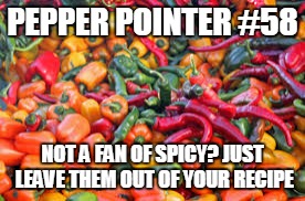 Pepper Pointers | PEPPER POINTER #58; NOT A FAN OF SPICY? JUST LEAVE THEM OUT OF YOUR RECIPE | image tagged in life hack | made w/ Imgflip meme maker