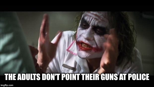 And everybody loses their minds Meme | THE ADULTS DON'T POINT THEIR GUNS AT POLICE | image tagged in memes,and everybody loses their minds | made w/ Imgflip meme maker