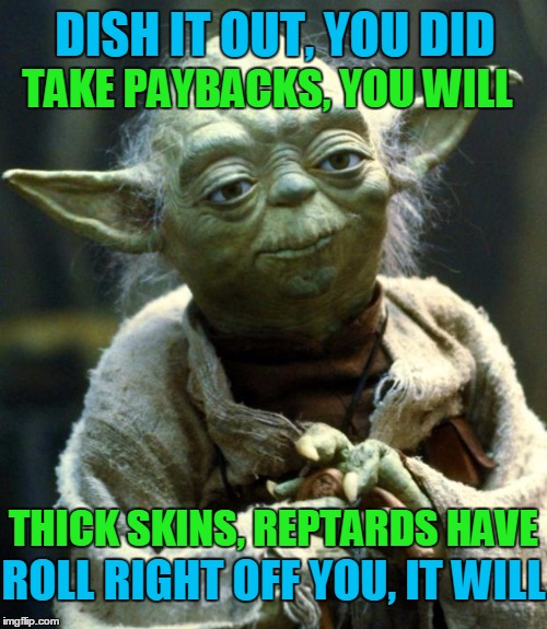 Star Wars Yoda Meme | DISH IT OUT, YOU DID TAKE PAYBACKS, YOU WILL ROLL RIGHT OFF YOU, IT WILL THICK SKINS, REPTARDS HAVE | image tagged in memes,star wars yoda | made w/ Imgflip meme maker