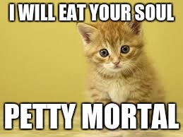 I WILL EAT YOUR SOUL; PETTY MORTAL | image tagged in cats | made w/ Imgflip meme maker