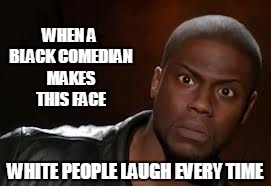 Kevin Hart Meme | WHEN A BLACK COMEDIAN MAKES THIS FACE; WHITE PEOPLE LAUGH EVERY TIME | image tagged in memes,kevin hart the hell | made w/ Imgflip meme maker